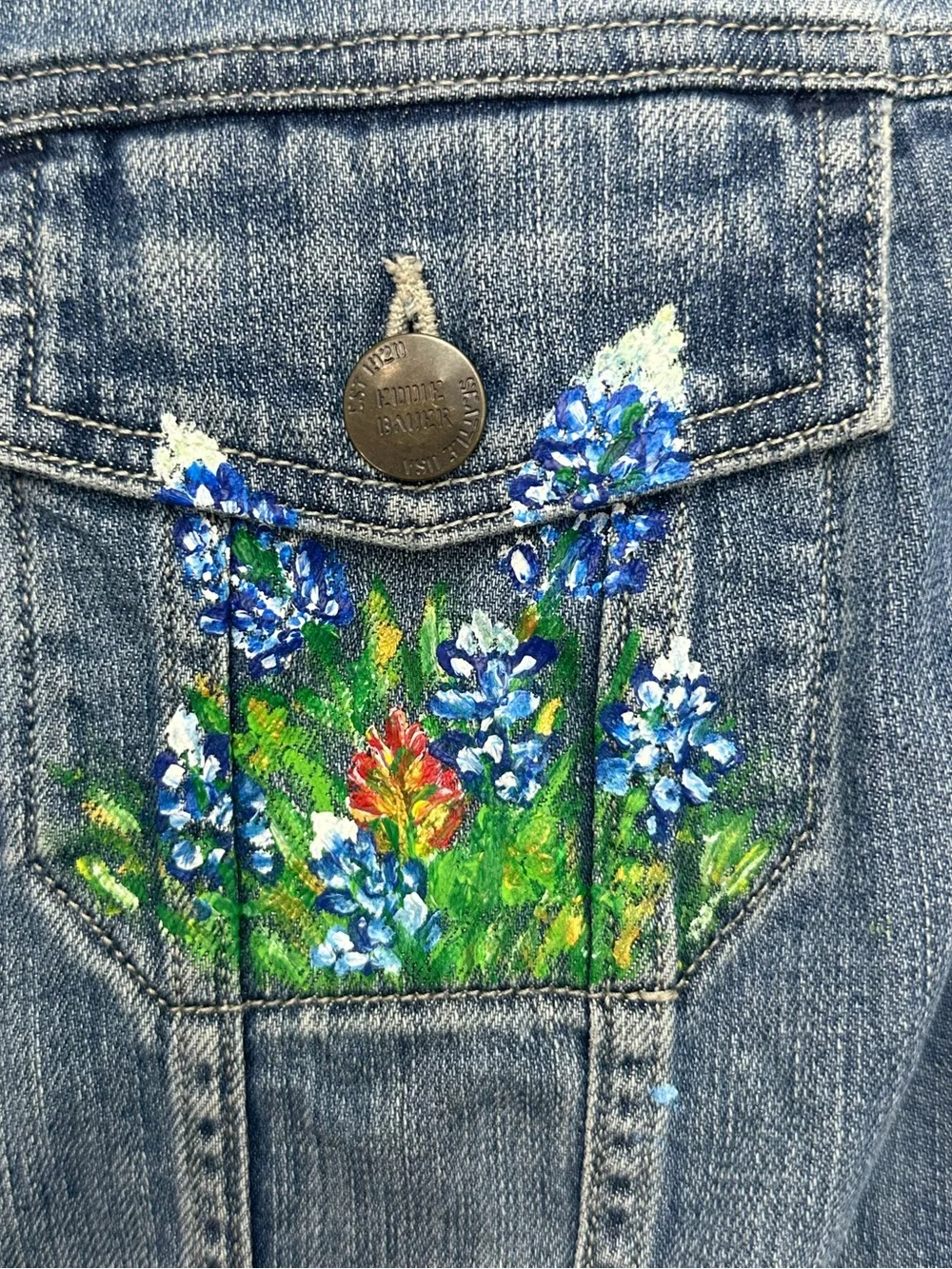Hand Painted Texas Bluebonnet Denim Jacket Eddie Bauer Jean Jacket Vintage Style